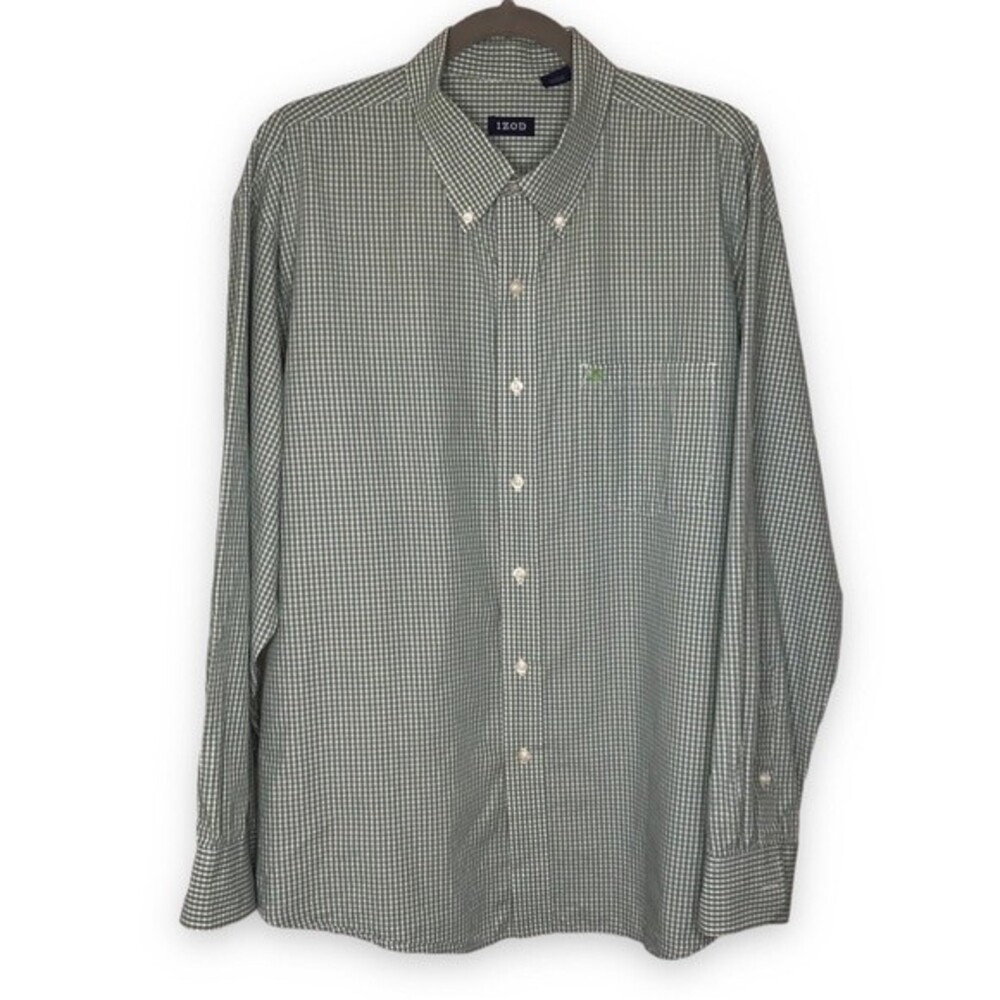 Izod Micro Check Green White Plaid Button Down Long Sleeve Shirt Mens Size XL